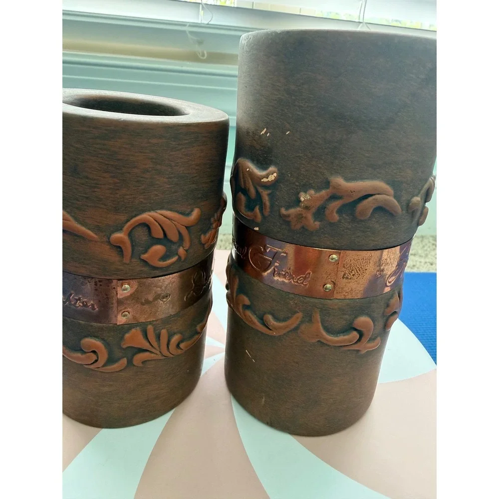 Rustic Faux Wood Pillar Candle Holders Set Daughter & Special Friend Copper Band